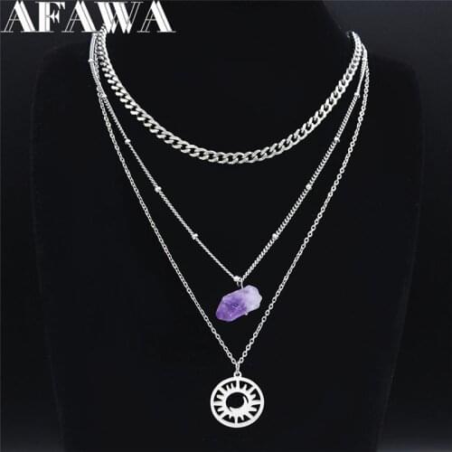 Witchcraft Astrology Sun Moon Stars Stainless Steel Purple Crystal Charm Necklace Women/Men Gold Color Jewelry collier femme
