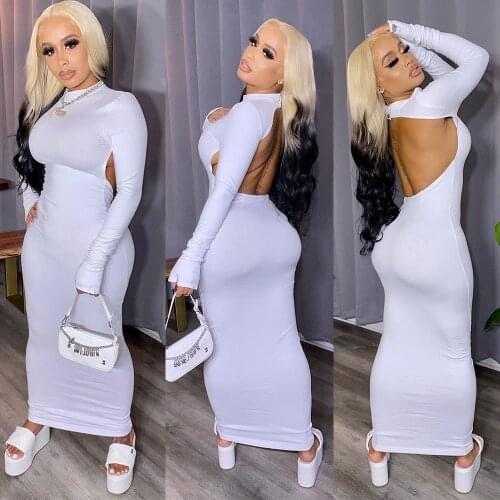 Womens Slim Fit Dress Sexy High Turtleneck Solid Color Backless Elastic Bodycon Long Sleeve Long Maxi Dress with Gloves