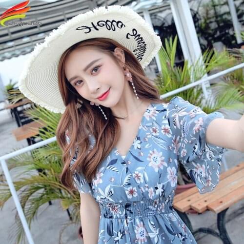 Long Dresses For Women 2021 New Pull Sleeve V Neck Elastic Waist Korean Blue Or White Floral Summer Chiffon Maxi Dress Woman