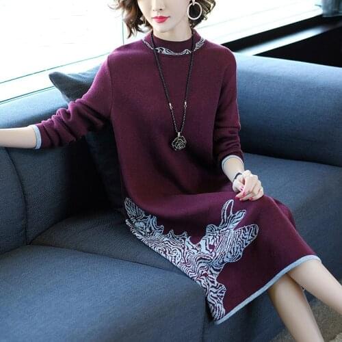 Women Vintage Loose Knitted Turtleneck Wool Sweater Dress Autumn Winter Casual Print Plus Size Elegant Bodycon Long Sweater 2021