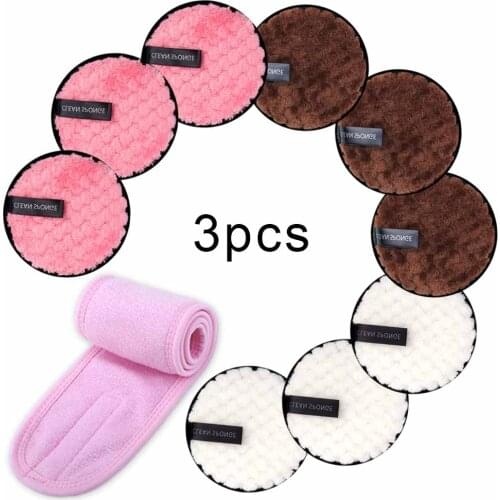 3pcs Microfiber Cloth Pads Facial Makeup Remover Puff Face Cleansing Tool And 1pcs Make Up Wrap Head Terry Cloth Headband Tool