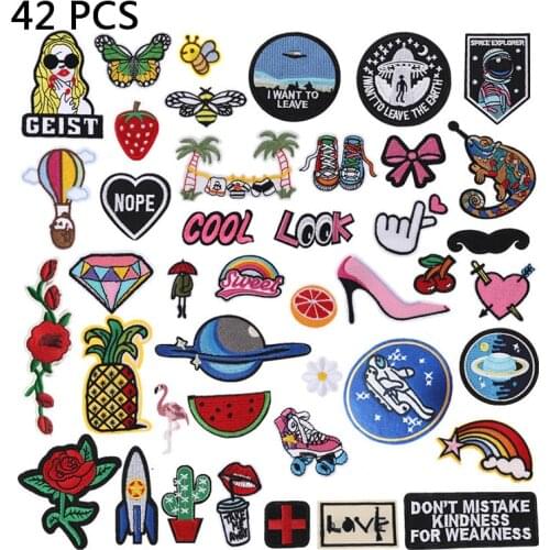 42PCS/lot fruit bee embroidery patch Cloth Iron On Patches For Clothing aerospace Stickers Flower Fruit Badge Patches DIY