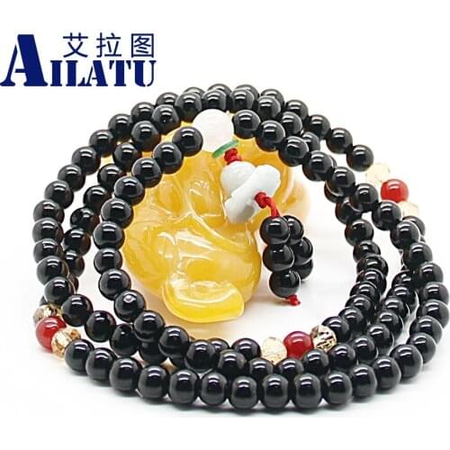 Ailatu Wholesale 10pcs/lot Fashion Buddhist 108 Natural Black Stone Beads Tibetan Prayer Bracelet