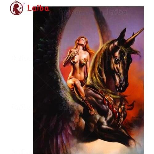 Diamond Embroidery Fantasy art, sexy woman flying horse Full Square round Diamond Mosaic Art Painting Cross Stitch Wall Decor