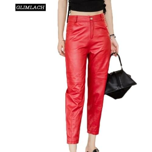 New Large Size Natural Sheepskin Real Leather Pants Women Genuine Leather Trousers Lady Black Red Gray Fashion Slim Pencil Pants