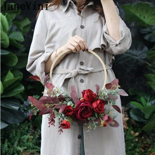 JaneVini Red Roses Bride Hand Bouquet Round Artificial Flowers Wreath Garland Knocker Flower Bridal Wedding bouquet mariee rouge