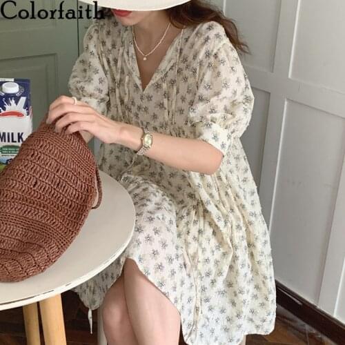 Colorfaith New 2021 Women Summer Dresses V-Neck High Waist Sweet Printed Floral Vintage Korean Style Wild Lady Mini Dress DR629
