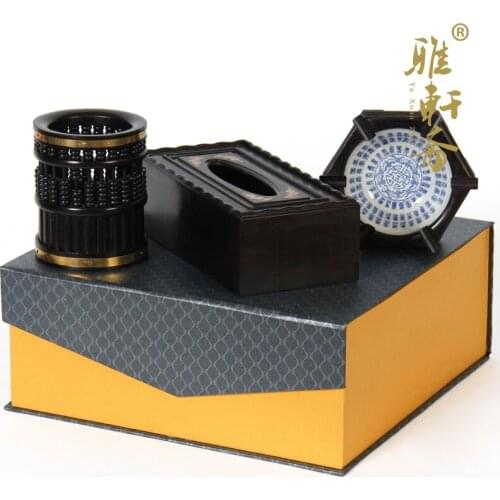 Rosewood woodcarving and creative personality palette suit of blue and white porcelain ashtray ebony abacus pen box