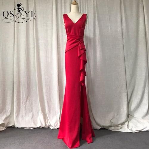 Red Long Prom Dress Stretch Ruffles Evening Gown V Neck Formal Party Gown Red Split Bridesmaid Dress Ruched Prom Gown Sleeveless