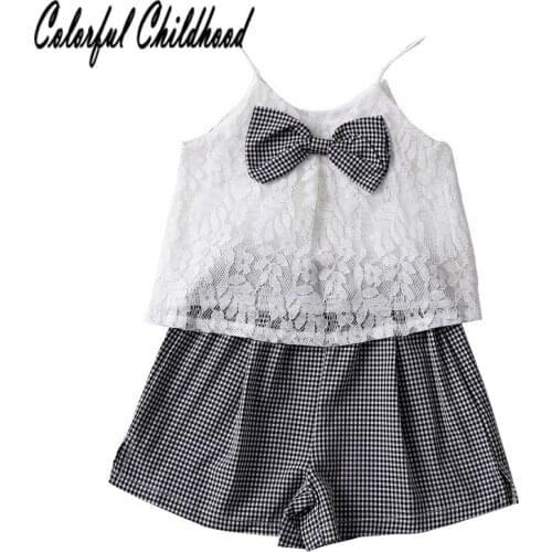 Fashion Childrens Sets Striped Lace Vest Bow Suits Summer New Cool High Quality Baby Girls Sets Kids clothes for 2-7 yrs