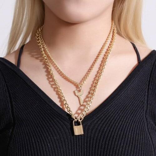 Fashion Key Padlock Pendant Necklace for Women Gold Lock Necklaces Layered Chain collar ras du cou collier Punk Jewelry