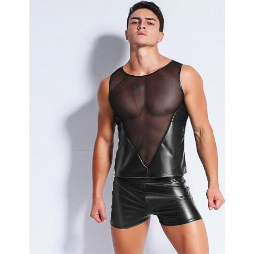 Sexy Man Sleepwear Lingerie Mesh Body Stocking Intimate Catsuit Mens Black Mesh T-Shirt Tops Tees+Trunks Lingerie Catsuit 2019