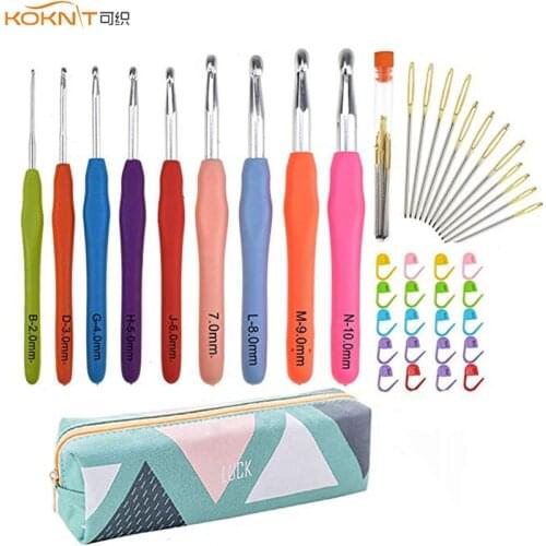 KOKNIT Extra Long Large Crochet Hooks Set 9pcs 2mm(B)-10mm(N) Ergonomic Rubber Knitting Hooks Needle Set for Arthritic Hands