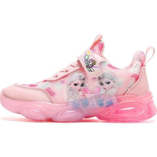 Disney summer new girls frzoen princess led lights luminous hollow mesh childrens sports shoes fashion student casual shoes