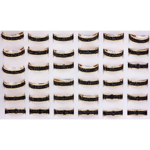 Wholesale Bulk Lots 5Pcs 316L Gold&Black 2Row CZ Inlay Stainless Steel Rings Wedding Bridal Valentine Fashion Jewelry 17-21MM