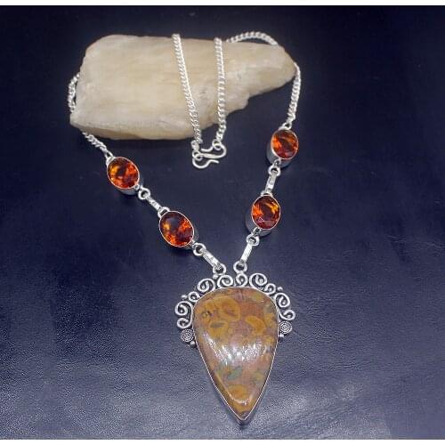 Gemstonefactory Jewelry Big Promotion 925 Silver Natural Ocean Jasper Honey Topaz Ladies Women Chain Necklace 44cm 202101689