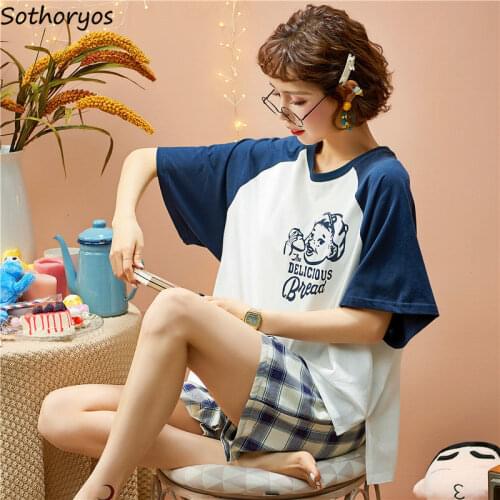 Pajama Sets Women Short Sleeves Printed Sweet Plaid-bottom Large Size 2XL Loose Sleepwear Summer Korean Style Comfortable Chic