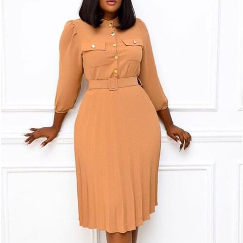 2021 Spring Summer Fashion Women Casual Belted Pleated Dress Elegant Chic Office Lady A-Line High Waist Dress African Style