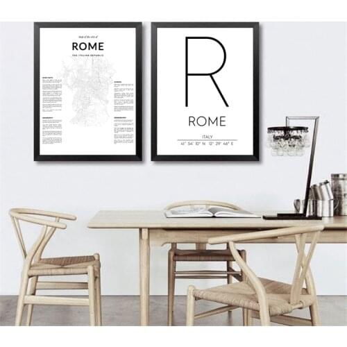 Rome Map Posters Canvas Prints , Rome Italy City Coordinates Art Painting Black White Pictures Home Living Room Wall Art Decor
