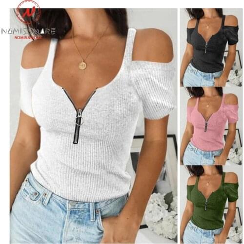 Sexy Women Summer Solid Color T-Shirts Hollow Out Design Zipper Decor V-Neck Short Sleeve Solid Color Slim Pullovers Top