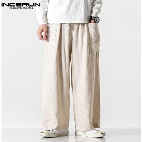 INCERUN Vintage Men Wide Leg Pants Cotton Joggers Pockets Elastic Waist Solid Loose Trousers Men Streetwear Casual Pants 2020