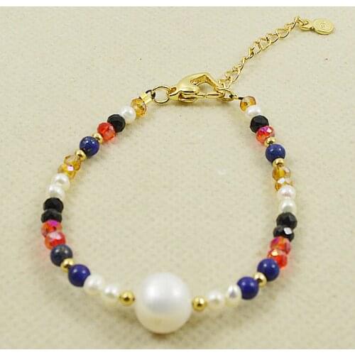 Unique Tinny Pearl Bracelet 2mm 12mm Multicolor Crystal Freshwater Austrian Crystal Blue Lapis American Gold Filled 18+5cm