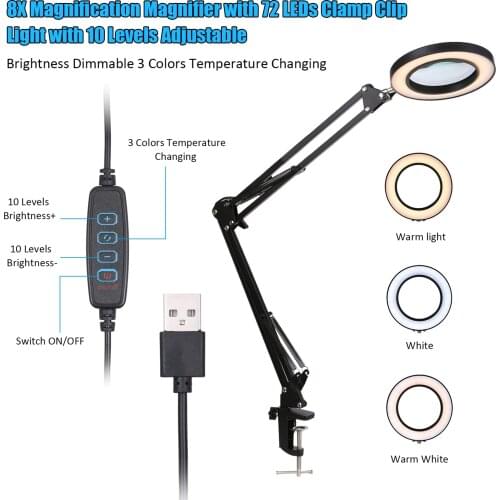 Magnifying Glass Magnifier with LEDs Clamp Clip Light 8X Magnification 10 Levels Brightness Dimmable Desk Lamp with Bracket
