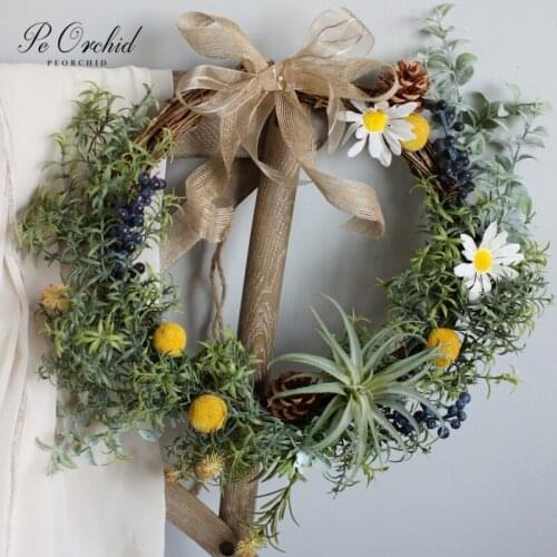 PEORCHID Rustic Style Green Flower Wreath Wedding Bouquet Bridal Shower Home Party Decor Artificial Bridesmaid Handheld Garland