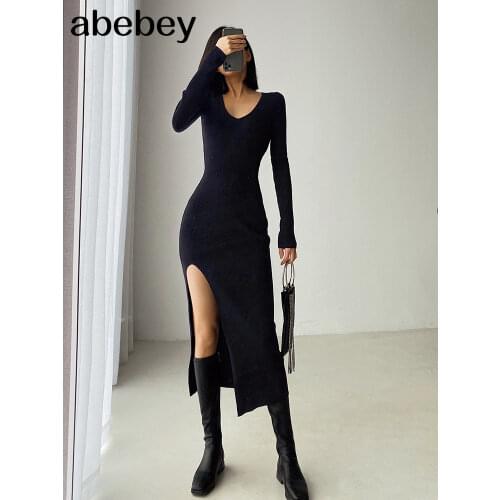 Spring and winter sexy French slit sweater dress female slim tight-fitting hip-knit over-the-knee dresses