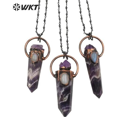 WT-N1264 Vintage Natural A-methyst Point Necklace With Big Ring Antique Copper Plated Purple Stone Rosary Necklace For Lady