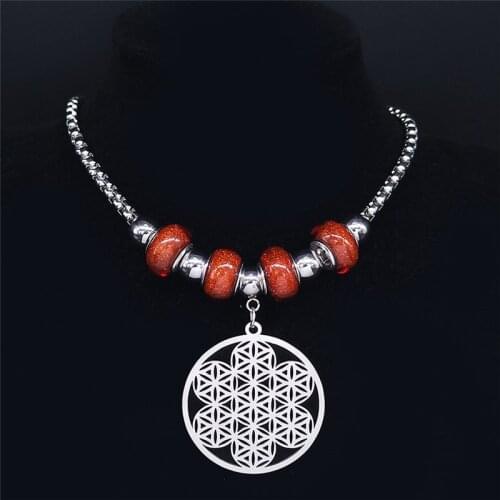 Yoga Bead Flower of Life Stainless Steel Charm Necklaces Silver Color Chocker Necklace for Women Jewelry colier femme NXS04
