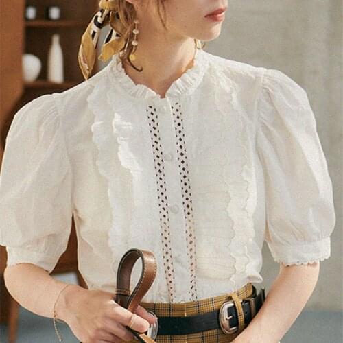 Ruffles Shirts Femme Hollow Out Lace Buttons Up Puff Sleeve Shirt 2021 White Blouse Retro Mujer chemisier Woman Tops Elegant