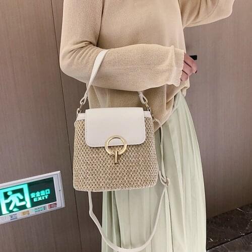 Wicker woven women handbag travel straw bags lady shoulder crossbody bag summer beach small purse 2022 casual rattan buckets bag