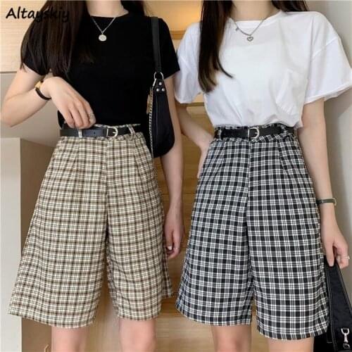 S-5XL Shorts Women Summer Retro Simple Loose Daily Lady Korean Style Soft Fashion Plaid Plus Size High Waist Chic Trouser Tender