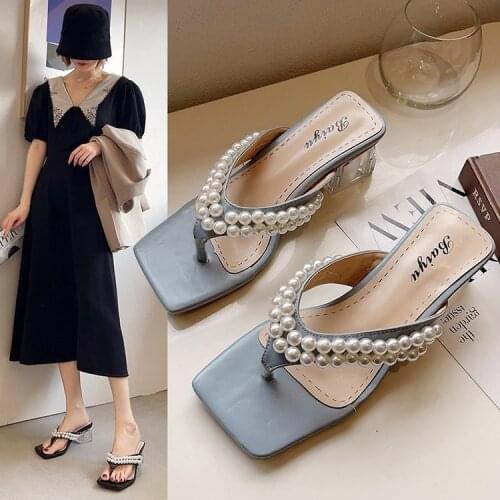 Women Flip Flops Pearl Slippers 2021 Summer Elegant Blue Thick Soled High Heels Wedding Shoes Cute Sandales Transparentes Femme