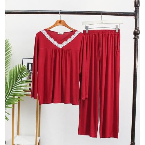 Large Size Lenzing Modal Pajamas Home Clothes Female V-Neck Lace Long-Sleeved Trousers Set Autumn Winter Pijamas Women 9 Color