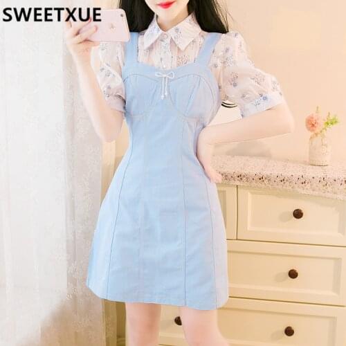 SWEETXUE Female 2021 Women Summer Fashion Fenim Skirt Chiffon Lantern Sleeve Blouse 2 Piece Sets Temperament Outfits Ladies