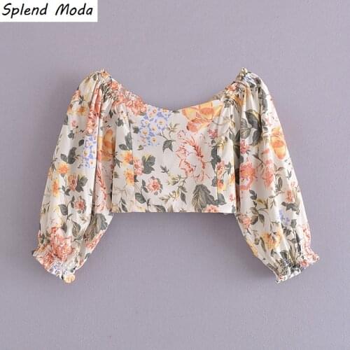 Splend Moda 2021 Summer Pullover Square Collar Slim Women Elastic Waist Puff Sleeve Crop Top Shirt + Printed Shorts Suit Fashion