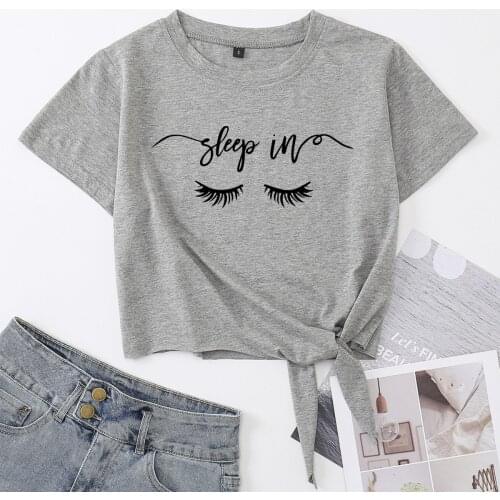 Eyelashes Sleep Sleepy Eyes Crop Top Womens Summer Short-sleeve Print Cotton T-shirt Cropped Tops Graphic Tee with Front Knot