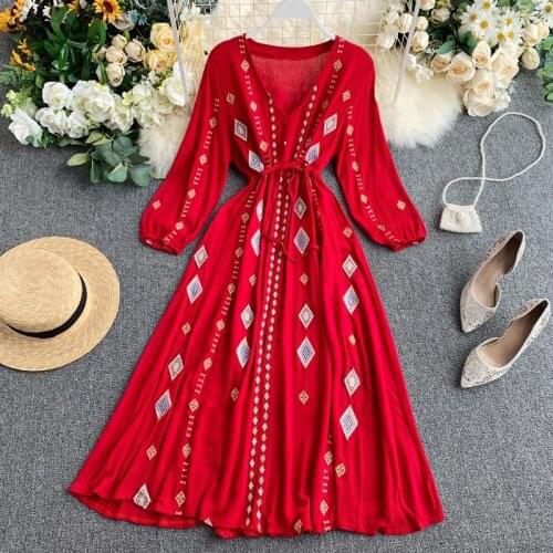 Autumn Vacation Ethnic Style Womens Dress 2019 New Female Fashion Embroidery Long Sleeve Frenulum Slim Long Dresses Vestidos