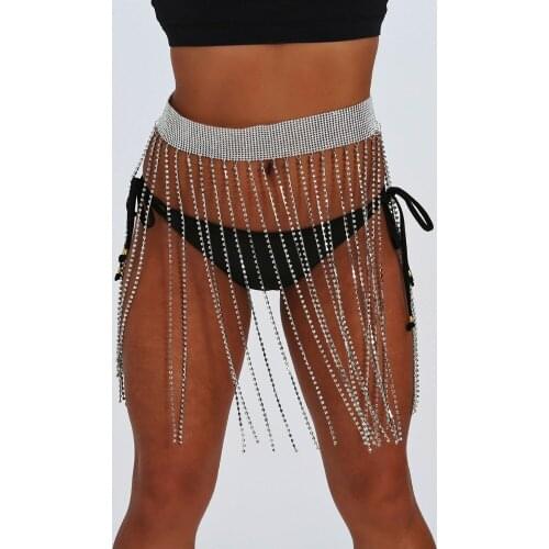 Women Sexy Hollow Tassel Body Jewelry Exaggerated Rhinestones Necklace Bra Chain and Belly Waist Chain Statement Set