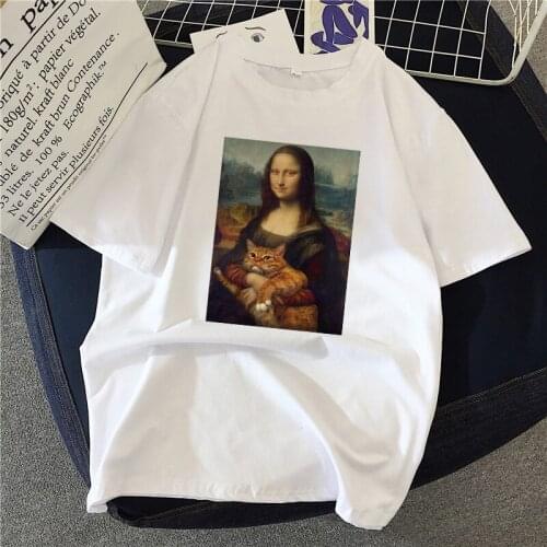 Cat oil painting printed t shirt women 90s Graphic T-shirt Harajuku Tops Tee Cute Short Sleeve animal tshirt Female Tshirts