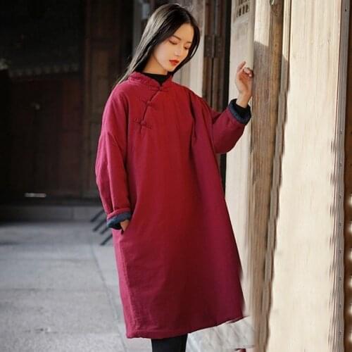 2020 Winter New Cotton Linen Women Stand Robe Vintage Dress Thick Warm Robe Button Original Chinese Style Cheongsam Dress 11865