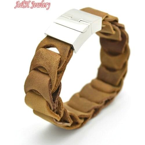 5pcs Genuine Leather Crawler Belt Chain Bracelets Stainless Steel With Real Brown Color Leather Men Bangles