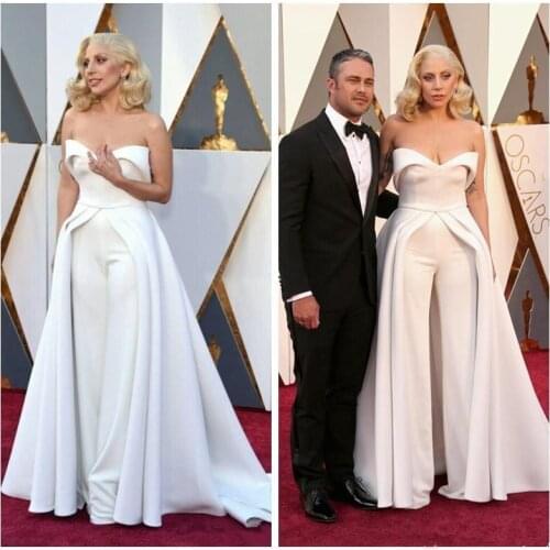 88th Oscar Lady Gaga Celebrity jumpsuit prom Dresses White Sweetheart Sassy Dresses Trousers Satin Sexy Red Carpet Evening Dress