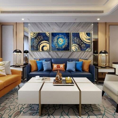Nordic style abstract modern wall painting, canvas with golden paint, blue fish, sea, poster for home decor, wall painting