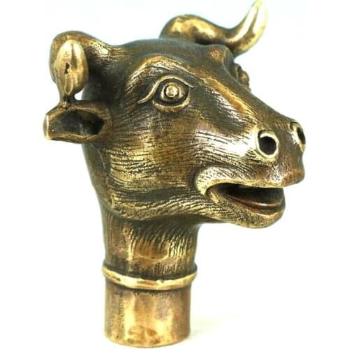 Asian Chinese Old Bronze Hand Carved Ox Statue Walking Stick Head Decorative Art fast shipping