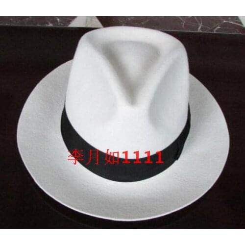 White Authentic Hat Black Contrasting Woolen Fedoras Cap Elegant 100% Wool Vintage Cowboy Cap Jackson Wool Hat White B-8139