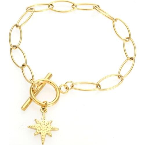 Miasol Trendy 14K Gold Color Stainless Steel Women Party Gift Fashion Linked Chain Star Charm Girl Bracelets Jewelry