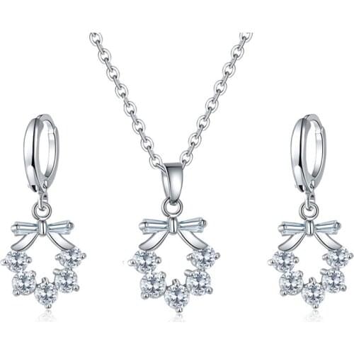 New Design Bowknot Flower Pendant Necklaces Moissanite Earrrings Jewelry Set For Women Wedding Bridal Clavicle Chain Necklaces